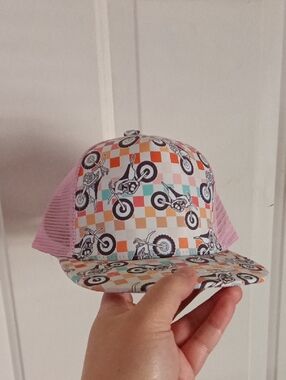 baby Size Pink Motorbike Print Trucker Hat - Fun Riding Pattern